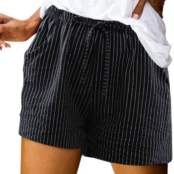 בקיץ כותנה תלבושות קיץ לנשים, מכנסיים קצרים עם פסים קצרים בכיס המכנסיים גבוהה המותניים קצר אופנת רחוב шорты женский
