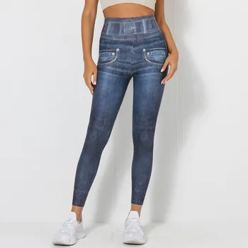 ג 'ינס הדפסה של נשים Jeggings חותלות גופניות נראות כמו ג' ינס סקסי גמיש גבוהה המותניים אתלטי סלים מכנסיים סקיני צמודים