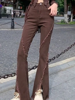 ג ' ינס נשים הזיקוק שסף קצה גלם אופנה מכנסיים הסתיו כל-התאמה באורך מלא גבוהה המותניים אלגנטי מוצק Harajuku הבלוי סלים 2023