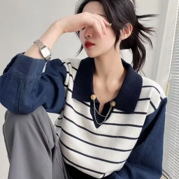 ג 'ינס שרוול טלאים לסרוג סוודר לנשים סתיו 2023 בסגנון יפני משוחרר שרוול ארוך תחתית החולצה פס' קט נשי