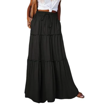 גבוהה המותניים אלסטי שרוך ארוך מקסי-חצאית לנשים מקרית מוצק צבע קיץ רחוב קו-חצאית נשית