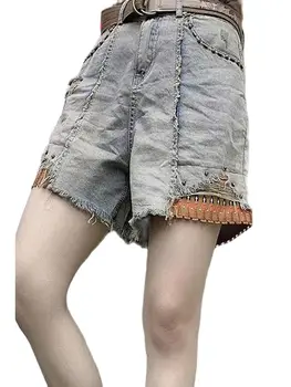 גבוהה המותניים בציר מכנסי ג 'ינס קצרים של נשים קיץ דק קצה בציר רחב הרגל רבע מכנסונים קצרים ג' ינס Feminino