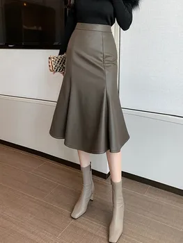גבוהה המותניים ים חצאיות הנשים הגעה החדשה 2023 סתיו סגנון קוריאני משובח עור PU משרד ליידי אלגנטית החצאית הארוכה W1363