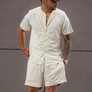 גברים 2023 כיסים שני חלקים תלבושת קיץ גברים לסרוג החליפה אופנה מוצק שרוול קצר או הצוואר כפתור החולצה T&שרוך המכנסיים