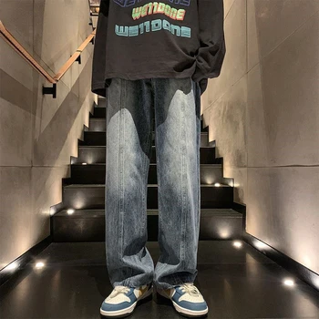 גברים ג 'ינס וינטג' ישר באגי ג 'ינס המכנסיים אופנת רחוב בסגנון אמריקאי אופנה רחב הרגל ג' ינס רטרו חופשי מזדמנים מכנסיים A125