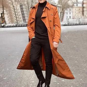 גברים מדהימה ' קט ארוך במיוחד כפולות-דש מעיל רוח כפתורים מוצק צבע המעיל לוקח תמונות