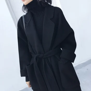 דו צדדי קשמיר מעיל לנשים, משוחרר רחצה בסגנון ארוך מעל הברך צמר מעילים, שחור, קוריאני גרסה חדשה, 2023