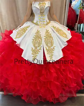 די מקסיקני שנהב, אדום קפלים סוס תבנית אפליקציות הטקס שמלות עם כפתורים Vestido de 15 יום הולדתה