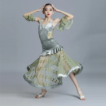 האופנה המודרנית לרקוד בגדים בנות ריקודים לטיניים שמלת קטיפה ירוק תחרה הלטינית השמלה סלוניים ריקודים, תחרות תחפושות XS5588