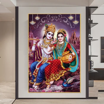 הודו דת בד הציור על הקיר הדפסי אמנות לורד קרישנה וראדה דיוקן פוסטרים תמונות עבור הסלון לעיצוב הבית