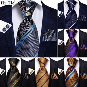 היי-עניבה בצבע כחול כהה עם פסים משי החתונה עניבה לגברים אופנה עיצוב מתנה הגברים העניבה הנקי חפתים להגדיר עסקים מסיבת Dropshiping