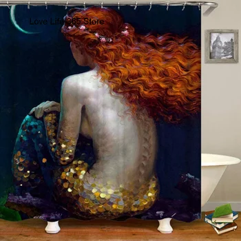 הים מצוירת של בתולת ים ציור שמן אמבטיה וילון מקלחת פוליאסטר עמיד למים לאמבטיה מסך חדר ילדים רקע וילון