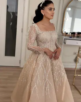 הסעודית ערבית שרוולים ארוכים, צווארון מרובע שמלות לנשף באורך רצפת רשמית אירוע שמלות נוצצות נצנצים אורחת בחתונה, השמלה 2024