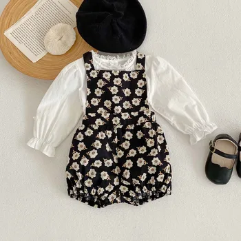 הסתיו בייבי בנות רומפר החולצה להגדיר רקמה שרוול ארוך הפעוט החולצה סרבל פרח להדפיס את התינוק בגדי התלבושת 2023