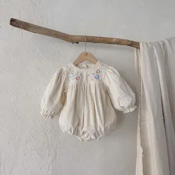 התינוק החדש של בגדי ילד פעוט, קורדרוי רקמה, פרח Simpl יומיומי שרוול ארוך בגד גוף ילדה תינוק מצולעים תחרה כותנה אוברול