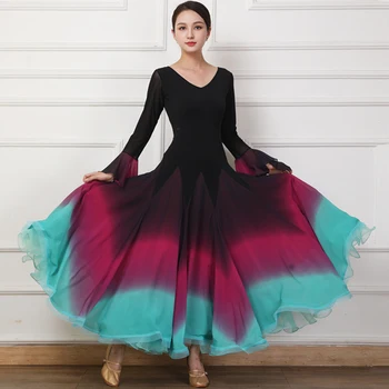 ואלס השמלה סלוניים שמלת שרוולים ארוכים, צווארון V גדול שולי מחול מודרני ללבוש Competiton תחפושת ביצועים בגדים תלבושות הבמה.