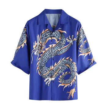 וינטג ' זה עם החולצה גברים מזדמנים הדרקון סינית עיצוב הדפסת דש שרוול קצר חולצה חופשה על החוף חולצות בגדים קלאסיים קרדיגן