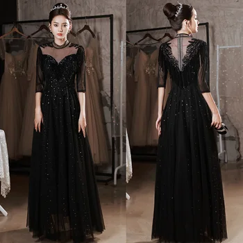 זה Yiiya צוואר גבוה רוכסן בחזרה באורך רצפת רשמי שמלת פאייטים חצי שרוולים קפלים קו שחור טול שמלת אישה מסיבת A2717