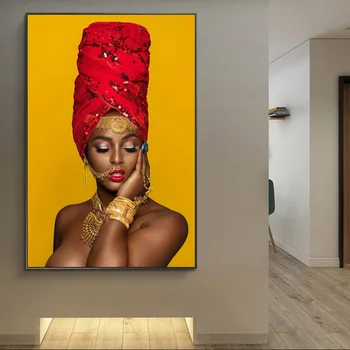 זהב שחור שפתיים סקסיות בעירום אמנות אפריקאית אישה Cuadros פוסטרים, הדפסי אמנות קיר הסלון לעיצוב הבית (ללא מסגרת)