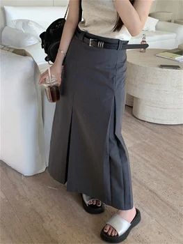 זר קיטי מ-4XL נשים גריי מינימליסטי חצאיות ארוכות סתיו קפלים מזדמן לעבוד ללבוש גבוהה המותניים משרד ליידי סלים מוצק אלגנטי