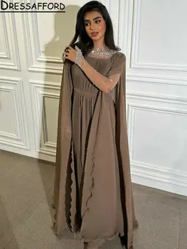 חאקי קריסטל יהלומים קפלים שיפון דובאי קו-שמלת ערב עם שרוולים ארוכים סרטים הסעודית ערבית רשמית שמלת מסיבת