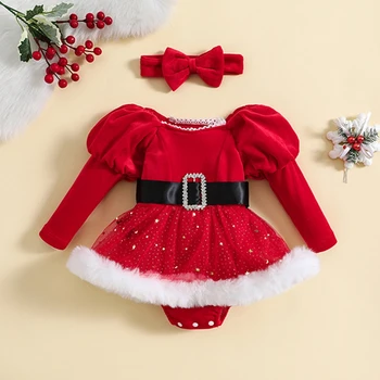 חג המולד תינוק בגדי תינוקות בנות רומפר פאייטים הדפס שרוול ארוך סרבל עם סרט היילוד כותנה תלבושות בגדים