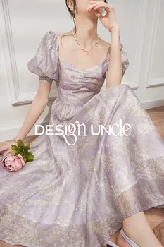 חג שמלה בסגנון צרפתי עדין סגול מקוטע בועה שרוולים שמלת נסיכת בריחה
