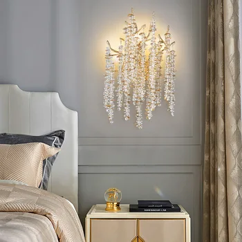 חדר השינה ליד המיטה מנורת מנורת קיר פוסט מודר עץ קריסטל חדר השינה, הסלון רקע מנורת קיר מנורות דקורטיביות