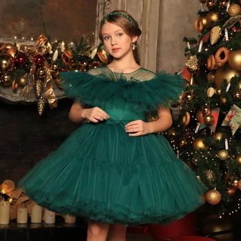 חצאית פלאפי טול פרח ילדה שמלות ירוק בשכבות חתונה פרח חמוד ילדה שתוף נשף יום המסיבה השמלה הראשונה