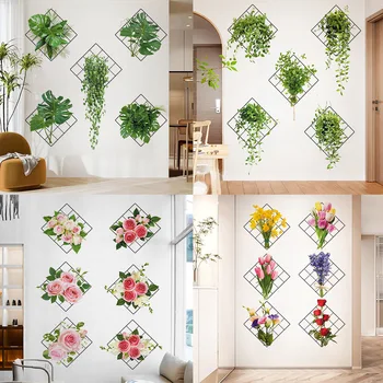 טרי סל תלוי עלים ירוקים פרחים Diy סלון חדר שינה מטבח עמיד למים מדבקות קיר לעיצוב הבית, אביזרים