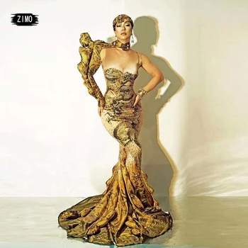 יוקרה אבני חן זהב שמלת ruched הדפסת 3D כתף אחת ארוכה בתולת ים אלגנטי ערב בגדי מעצבים דראג קווין התלבושת הבמה.