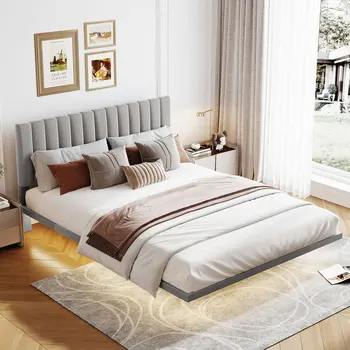 ייחודי צף עיצוב אפור בגודל קווין מיטה מרופדים, עם חיישן אור, משענת ראש,צף קטיפה פלטפורמה המיטה בחדר השינה