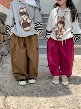 ילדים במכנסיים 2023 סתיו קוריאנית בייבי בנים בנות מכנסיים מוצק צבע מזדמנים רגל ישרה מכנסיים ילדים שרוך מכנסי דגמ 
