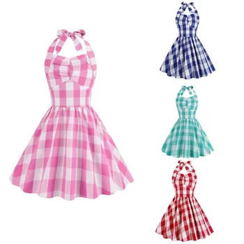 ילדים בנות בציר שמלת קולר ורוד משובץ השמלה רוקבילי מסיבת קוקטייל 1950 40 להניף את השמלה שמלת הקיץ