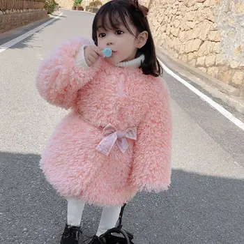 ילדים חמודים Faux פרווה מעובה כבש צמר מעיל בנות סתיו/חורף סגנון קוריאני כותנה הבגדים של הילדים Q747