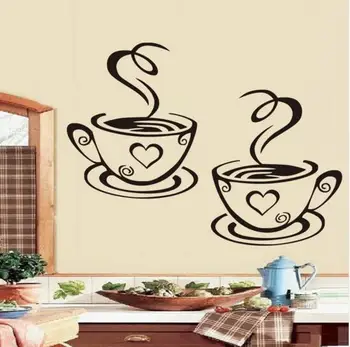 יצירתי ויניל אמנות קיר מדבקות דבק נייר קיר של שתי כוסות קפה קיר מדבקה של מטבח קישוט החדר