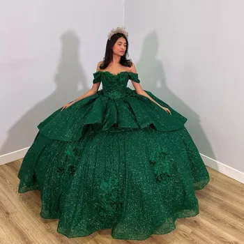 ירוק מבריק בעבודת יד 3DFlowers חרוזים הטקס שמלות שמלת נשף את הכתף המחוך מתוק 15 מסיבת בנות