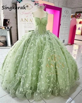 ירוק נסיכה, שמלת נשף הטקס שמלות עם קשת חרוזים פרפר אפליקציות נצנצים גבישים מתוק 16 להתלבש Vestidos