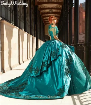 ירוק צייד הנסיכה קרו הטקס שמלות קריסטל אפליקציה 16 הנשף המחוך זנב ארוך vestidos דה-15 הטקס