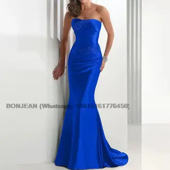 כחול שושבינה שמלות בתולת ים סאטן חרוזים סטרפלס אלגנטית Vestidos נשים חתונה מסיבה סקסית ערב גלימת נשף אפילו שמלה.