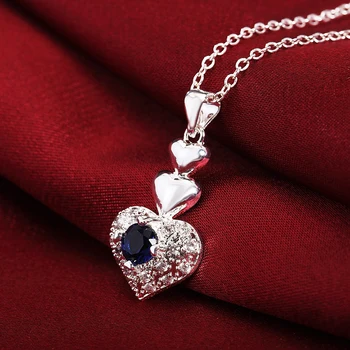 כסף סטרלינג 925 בסדר קריסטל כחול לב שרשרת תליון לנשים אופנה מסיבת החתונה אביזרים תכשיטים, מתנות יום הולדת