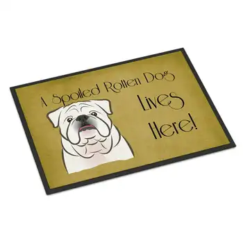 לבן בולדוג אנגלי כלב מפונק גר כאן מחצלת דלת, מקורה השטיח או חיצוני בברכה