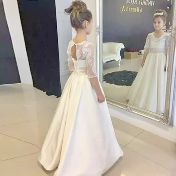 לבן בציר פרח ילדה שמלות קו תחרה חרוזים חצי שרוול עבור חתונה, מסיבת יום הולדת לחם הקודש התאמה אישית של שמלות
