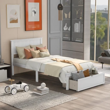 לבן תאום פלטפורמת גודל המיטה עם תחת המיטה מגירה,קל להרכבה מקורה ריהוט חדר שינה