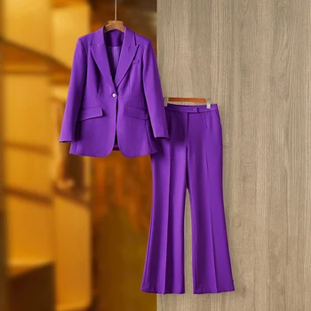 לחצן יחיד שרוול ארוך בלייזר הזיקוק המכנסיים 2 יח ' נשים להגדיר אלגנטי סגול עמוק המשרד לעסקים גברת חליפה