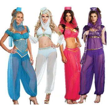 ליל כל הקדושים פנסי נשים להתלבש סטים סקסיים האלה כרקדנית בטן השמלה למבוגרים ערבית ריקוד תלבושות יסמין הנסיכה אלדין