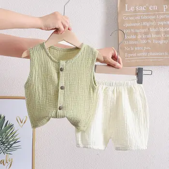 לילדים בגדי קיץ בנים ובנות האפוד חליפת תינוק ללא שרוולים סוודר שני חלקים סט תינוק בקיץ דק בגדים