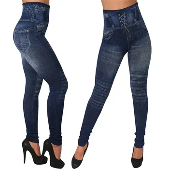 לנשים ג ' ינס אלסטי חותלות הדפסה חיקוי דנים צועד גבוהה המותניים לדחוף את הנשים מכנסי ספורט צמודים אימון כושר Leggins