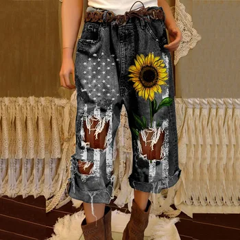 לנשים ג 'ינס האביב והקיץ הדפסה חדשה חור עיצוב מזדמנים גודל גדול ישר תשע נקודות ג' ינס
