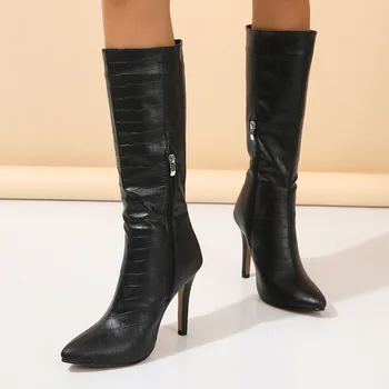 מגפי עור שחורים לנשים רוכסנים עם עקבים גבוהים נעלי עבה התחתונה אביר נעלי Slip שאינם ארוך מגפי נעליים נעליים נעליים